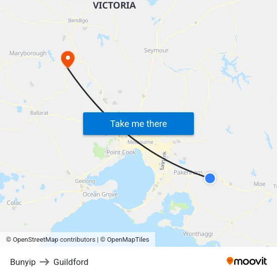 Bunyip to Guildford map