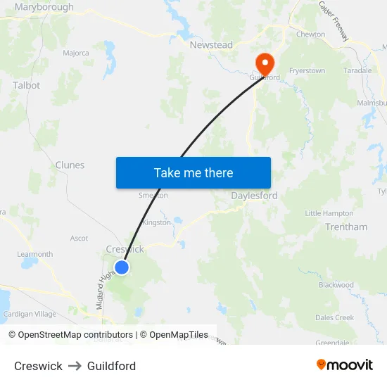 Creswick to Guildford map