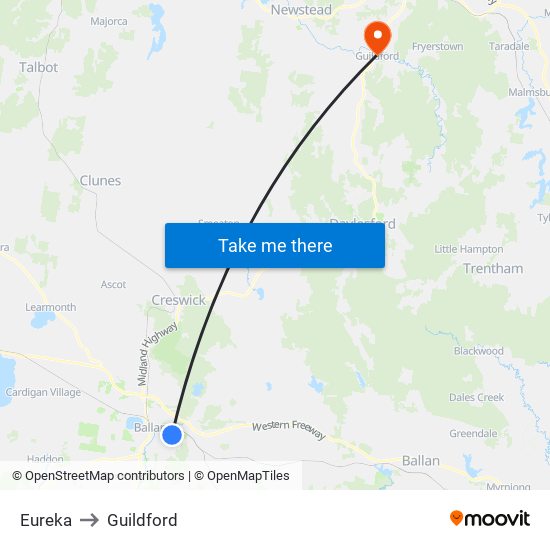 Eureka to Guildford map