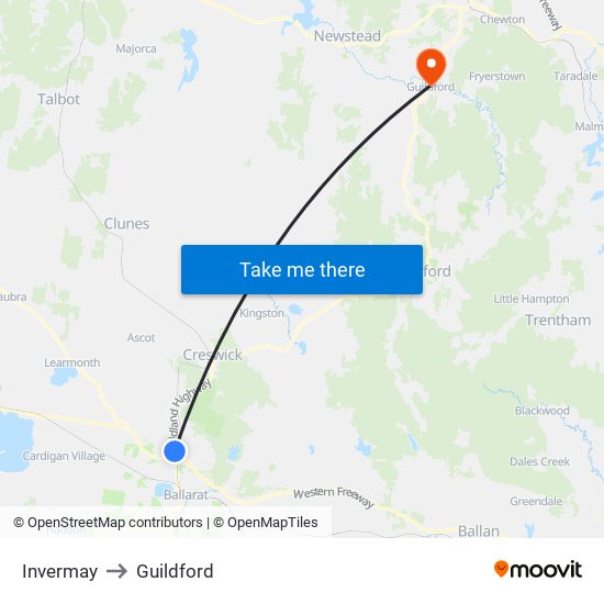 Invermay to Guildford map