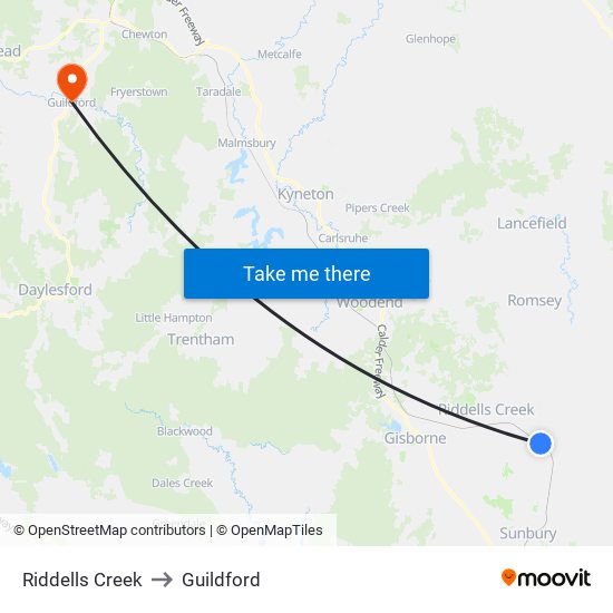 Riddells Creek to Guildford map