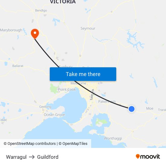 Warragul to Guildford map