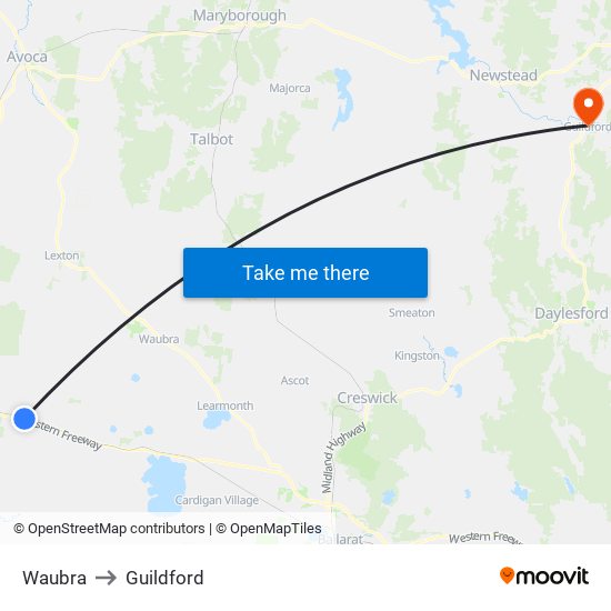 Waubra to Guildford map