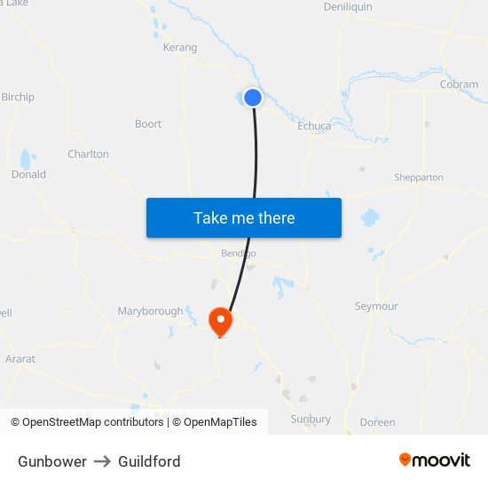 Gunbower to Guildford map