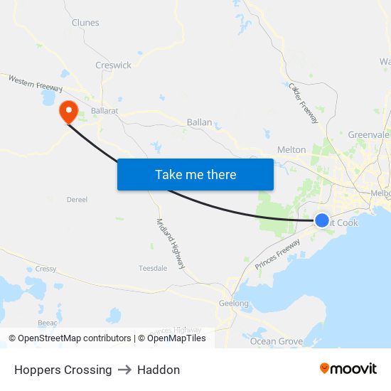 Hoppers Crossing to Haddon map