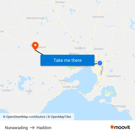 Nunawading to Haddon map