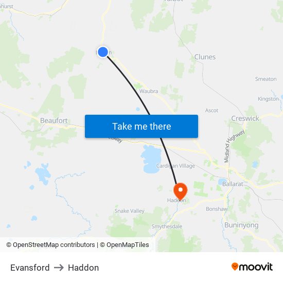 Evansford to Haddon map