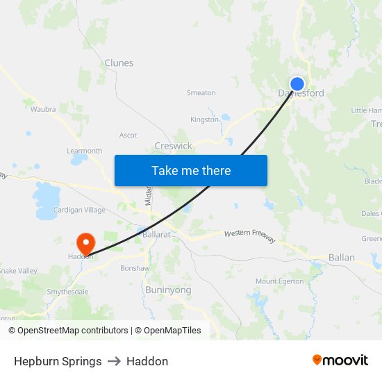 Hepburn Springs to Haddon map