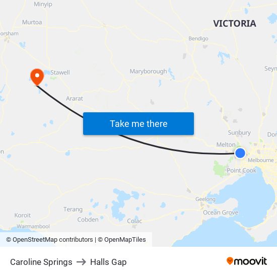 Caroline Springs to Halls Gap map