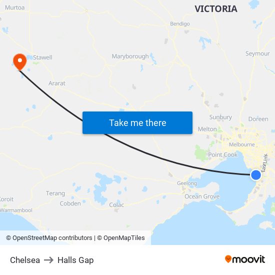 Chelsea to Halls Gap map