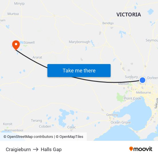 Craigieburn to Halls Gap map