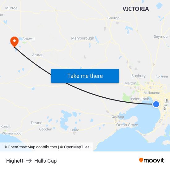 Highett to Halls Gap map