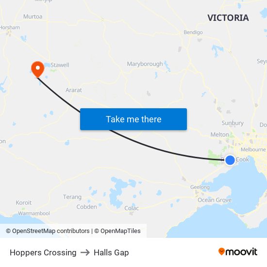 Hoppers Crossing to Halls Gap map