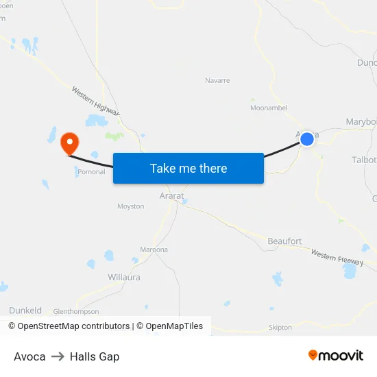 Avoca to Halls Gap map
