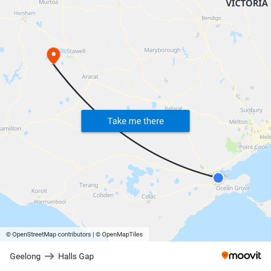 Geelong to Halls Gap map