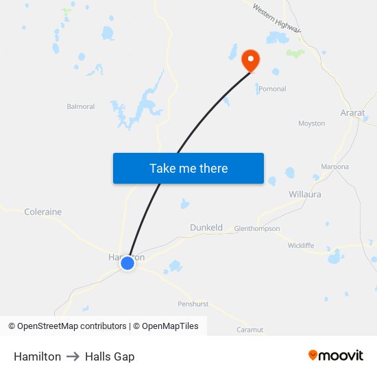 Hamilton to Halls Gap map