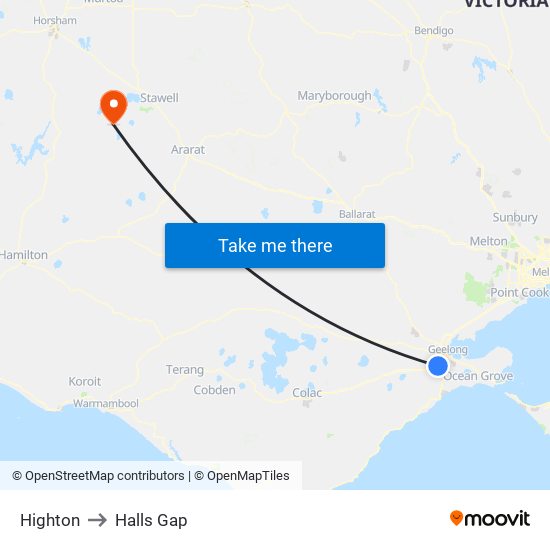 Highton to Halls Gap map