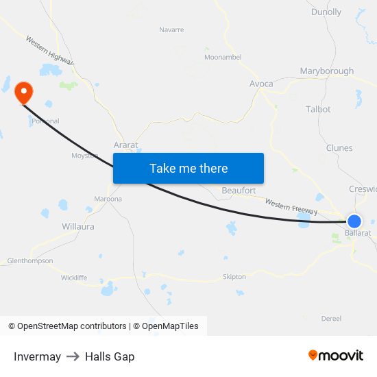 Invermay to Halls Gap map