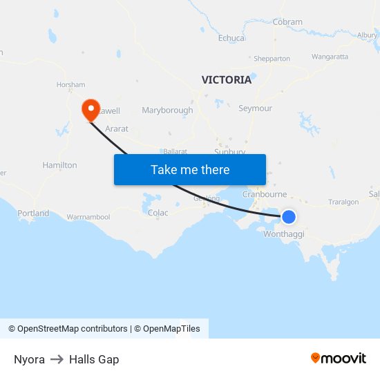 Nyora to Halls Gap map