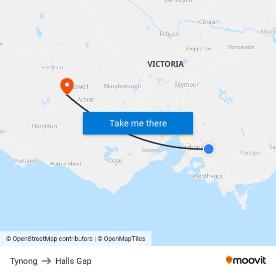 Tynong to Halls Gap map