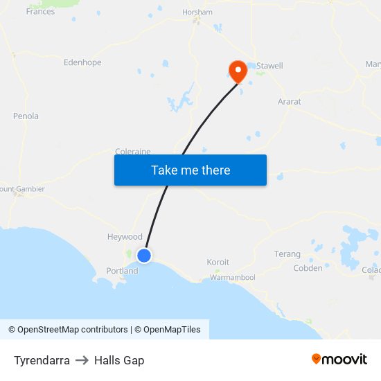 Tyrendarra to Halls Gap map