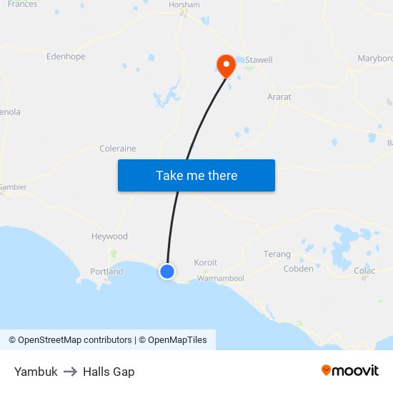 Yambuk to Halls Gap map