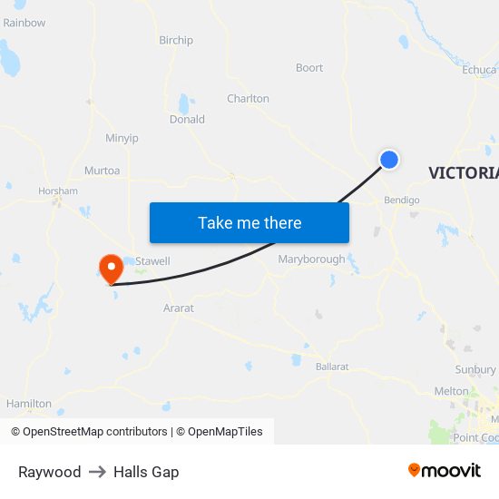 Raywood to Halls Gap map