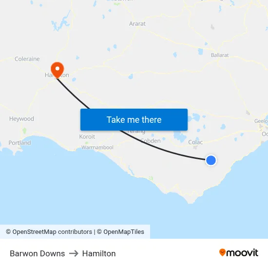 Barwon Downs to Hamilton map