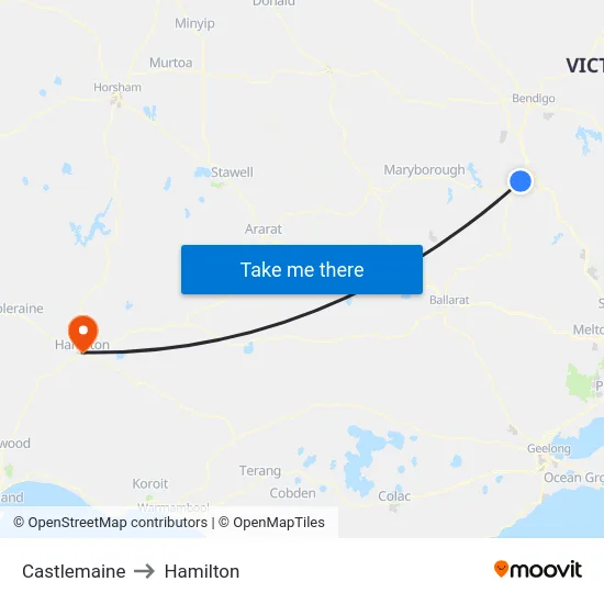 Castlemaine to Hamilton map