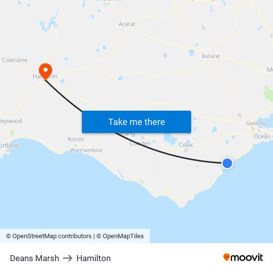 Deans Marsh to Hamilton map