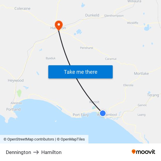 Dennington to Hamilton map