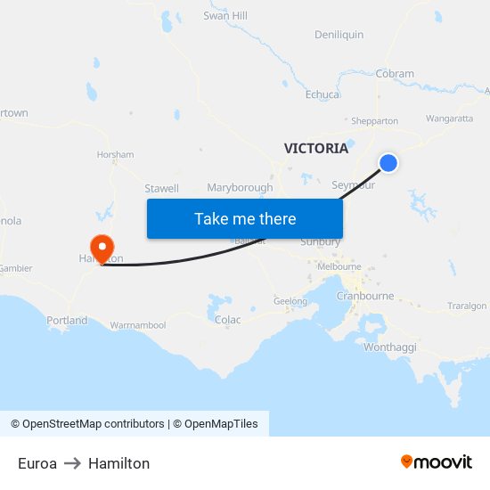 Euroa to Hamilton map