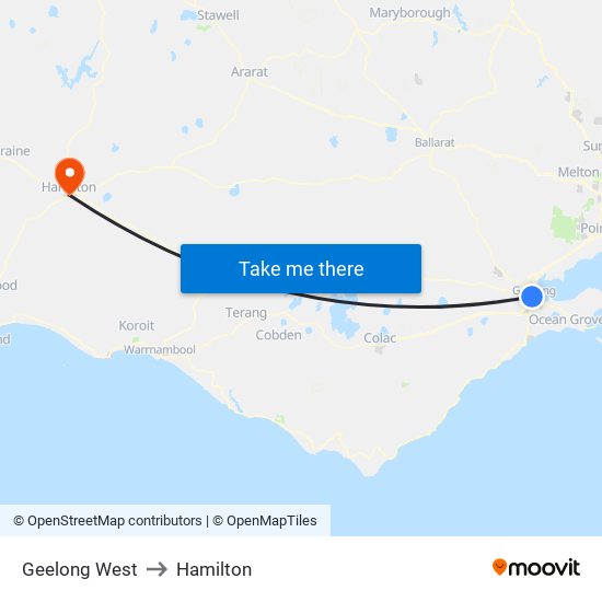 Geelong West to Hamilton map