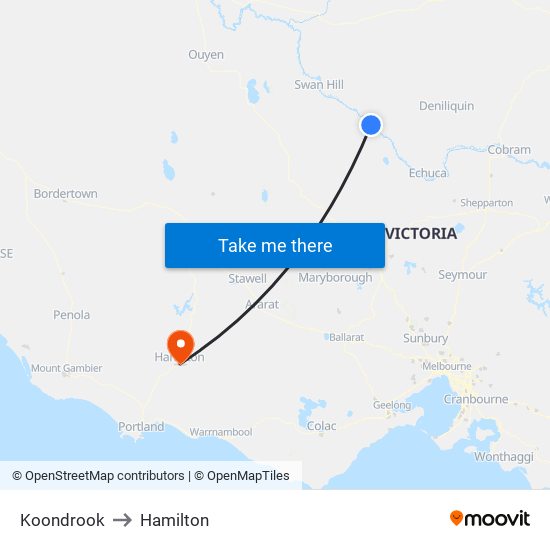 Koondrook to Hamilton map