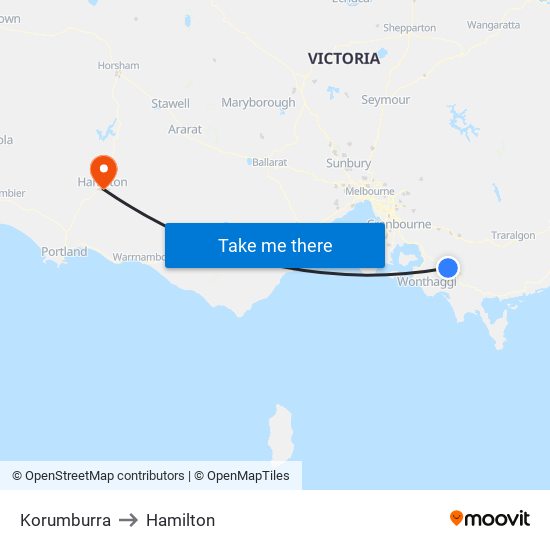 Korumburra to Hamilton map