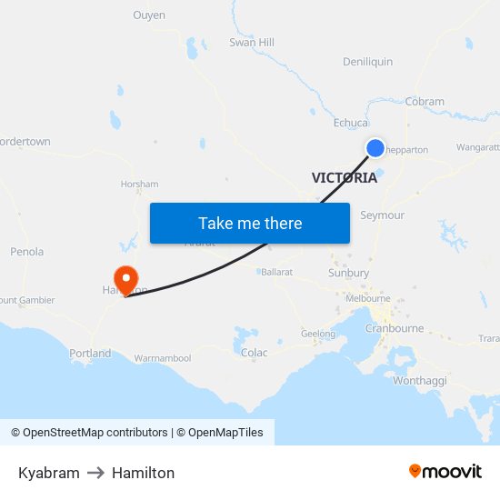 Kyabram to Hamilton map