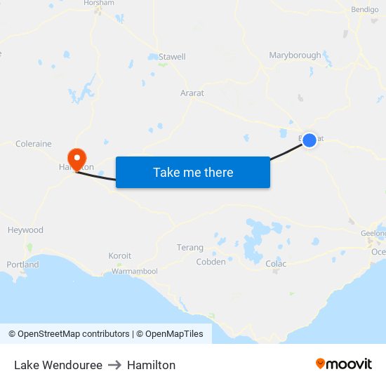 Lake Wendouree to Hamilton map