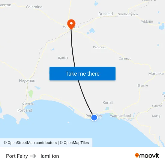 Port Fairy to Hamilton map
