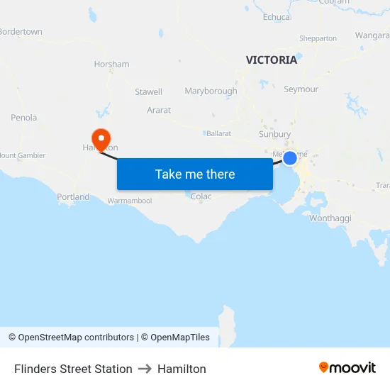 Flinders Street Station to Hamilton map