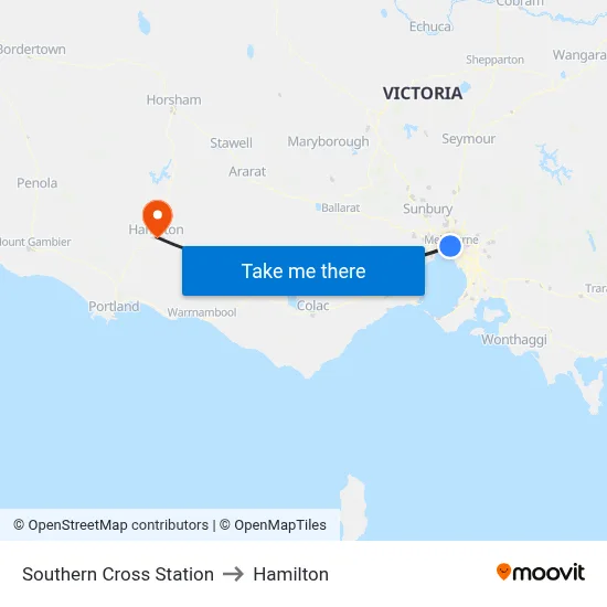 Southern Cross Station to Hamilton map