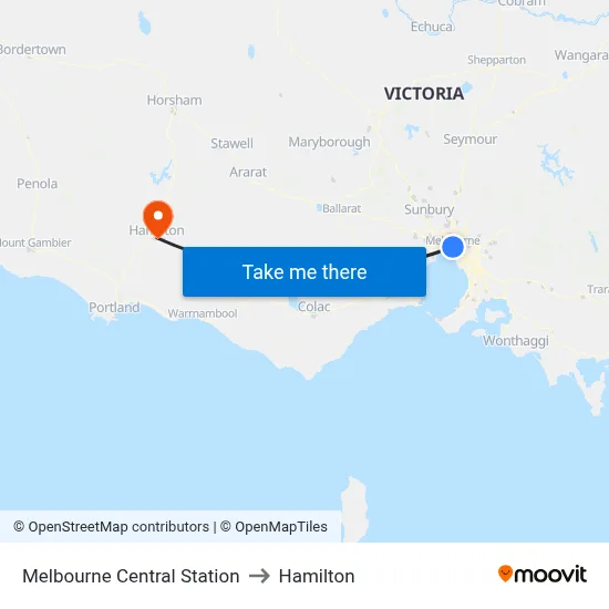Melbourne Central Station to Hamilton map