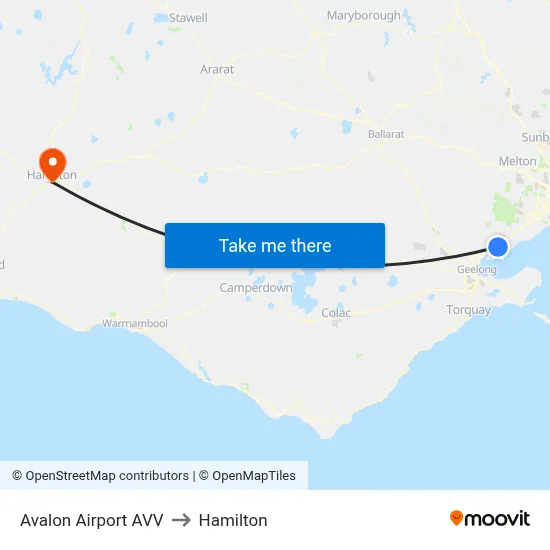 Avalon Airport AVV to Hamilton map