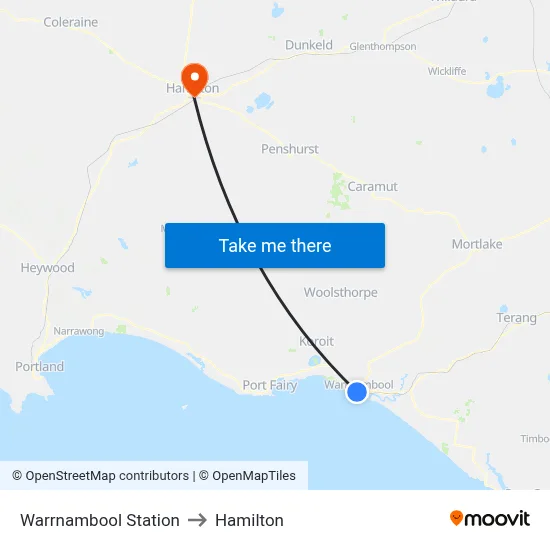 Warrnambool Station to Hamilton map