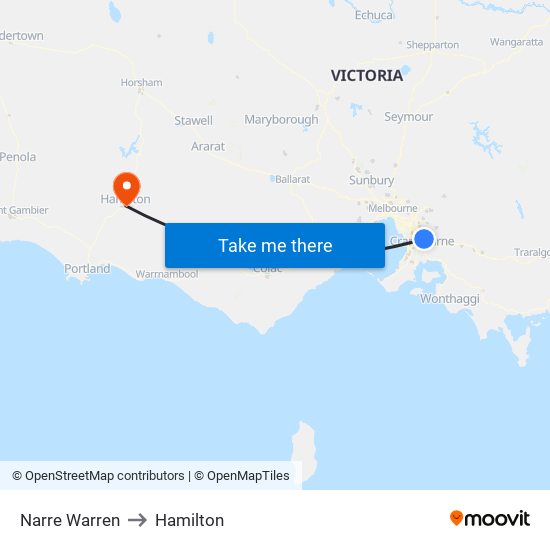 Narre Warren to Hamilton map