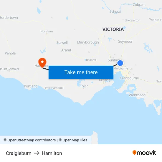 Craigieburn to Hamilton map