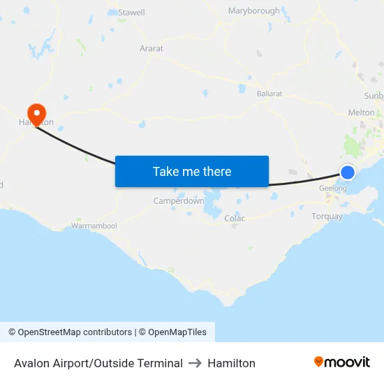 Avalon Airport/Outside Terminal to Hamilton map