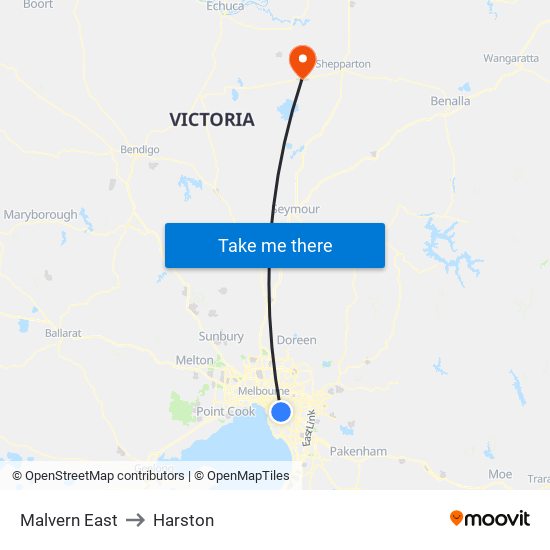 Malvern East to Harston map