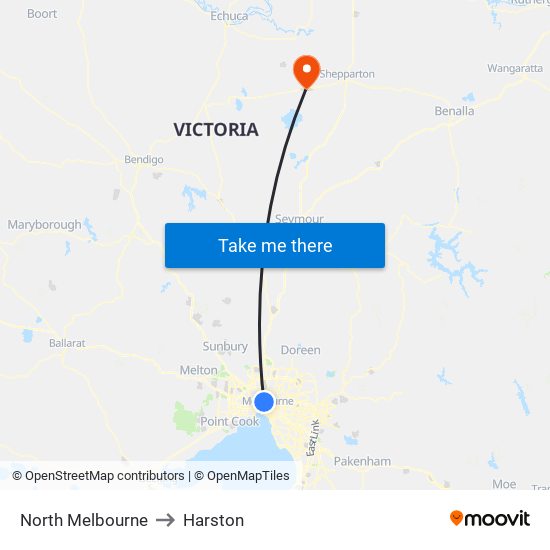 North Melbourne to Harston map