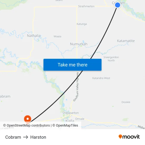 Cobram to Harston map
