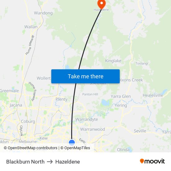 Blackburn North to Hazeldene map